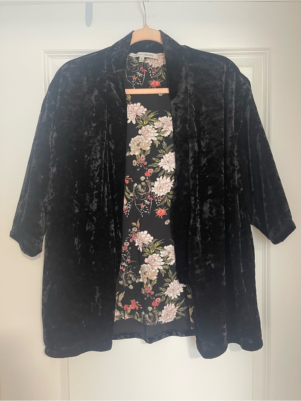 Collective Concepts Black Velvet Open Front Blazer with Floral Lining